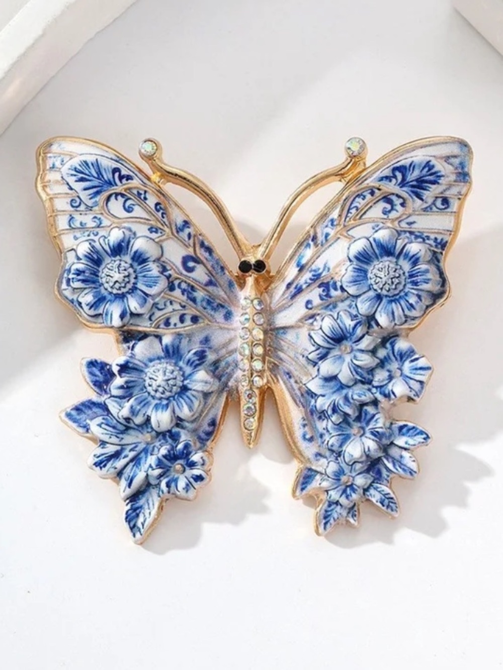Blue Floral Butterfly Brooch with Rhinestone Body Pin